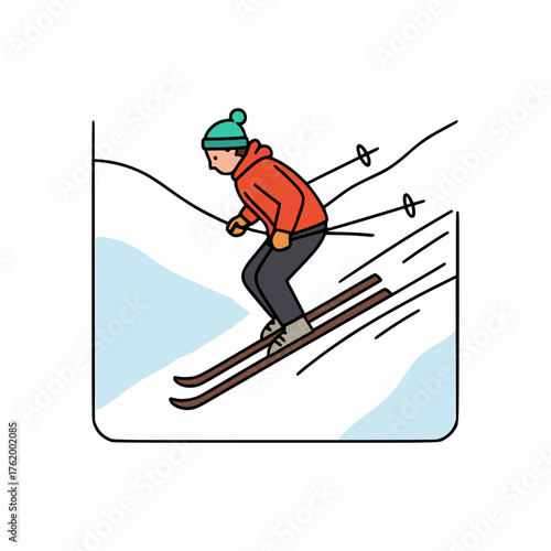 Vector illustration of man skiing downhill in snowy mountain wearing red jacket and green hat in winter season