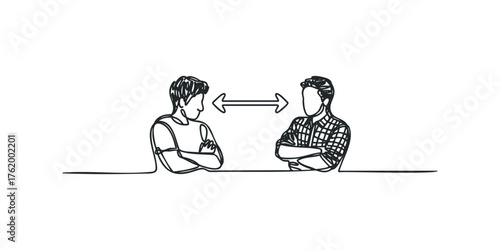 Two men with crossed arms indicated with arrows signifying space