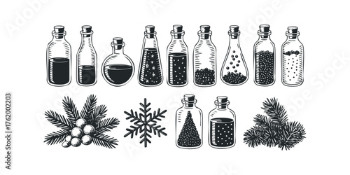 Collection of corked glass bottles with various contents and botanical elements