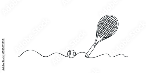 Tennis racket and ball drawn with a single continuous line