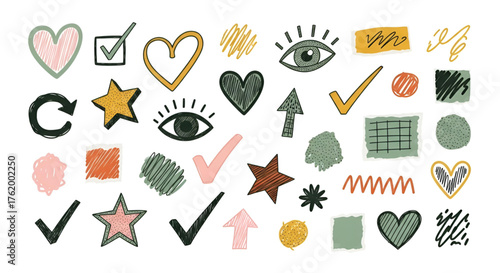 Doodle art vector set of hand drawn hearts stars eyes arrows and shapes