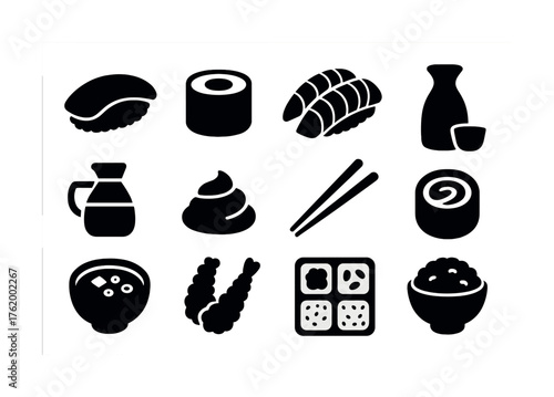 Japanese cuisine icons: sushi, sake, chopsticks, tempura, rice