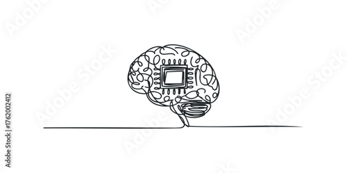 Single line drawing of brain with microchip