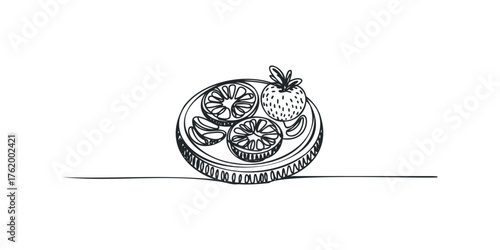 Line drawing of fresh fruit on a plate