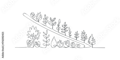 Minimalist Single Line Drawing of Diverse Foliage and Trees