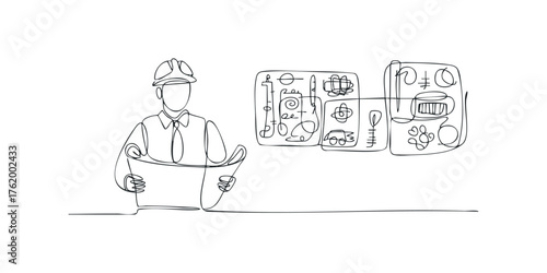 Engineer reviews blueprint with abstract schematic background