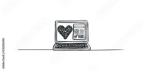Laptop screen displays heart symbol and medical record data