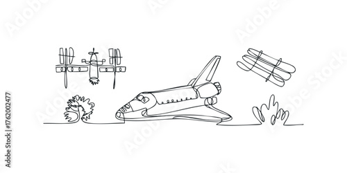 Continuous line drawings of spacecraft and celestial bodies