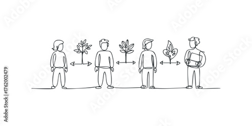 Four figures and three plants arranged in a line