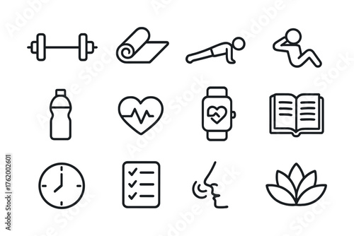 Exercise and wellness icons featuring fitness, meditation, and health symbols