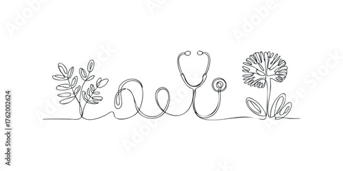 Single line drawing of stethoscope with plant and flower