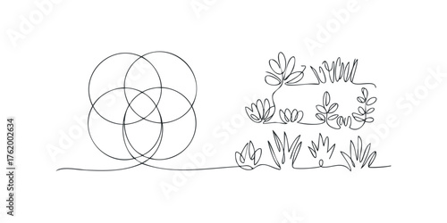 Continuous line drawing of geometric shapes and botanical elements