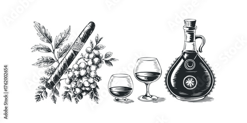 Engraved cigar with grapes and brandy bottle with glasses