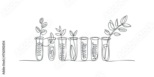 Test tubes with plants growing from them in continuous line drawing