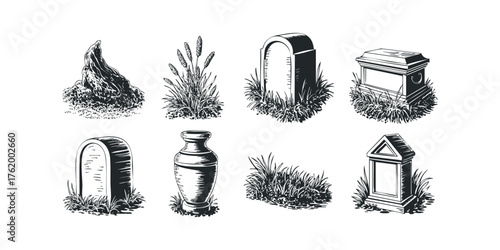 Grave markers and burial urn with grass and foliage