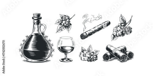 Engraving style illustration of wine bottle, grapes, cigar, and wine glass