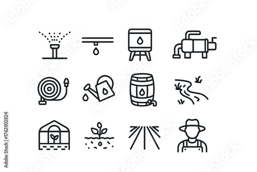 Agriculture and irrigation icons set with sprinkler, greenhouse, and farmer illustrations