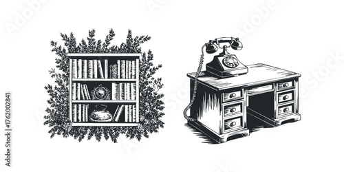 Vintage rotary telephone on wooden desk with bookshelf and foliage