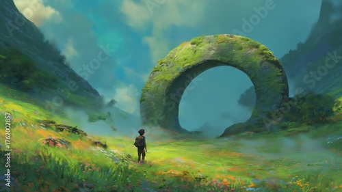 Young wanderer stands before a large mossy stone archway in a flower-filled meadow