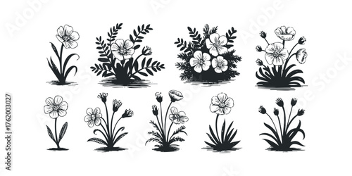 Set of stylized floral silhouettes with ink drawing style