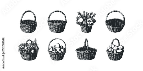 Set of Eight Woven Baskets with Contents