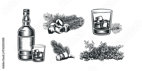 Whiskey bottle and glass with ice and spruce branches