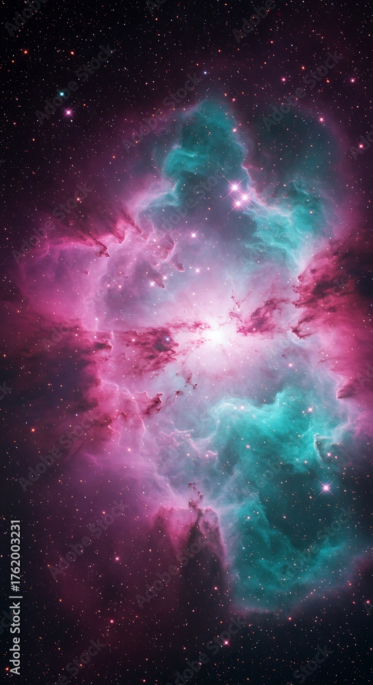 Obraz premium Vibrant Cosmic Nebula with Pink and Teal Hues Amidst Starry Expanse.