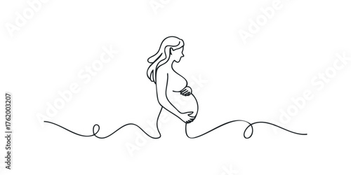 Pregnant woman holding her belly in minimalist continuous line drawing style