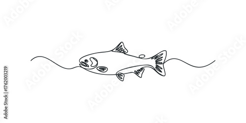 One line drawing of a fish swimming in water