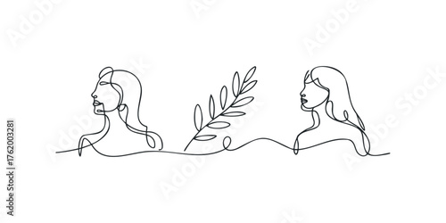 Line art profile portraits with abstract leaf branch