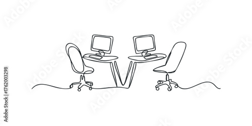Two desks with computers and chairs minimalist sketch