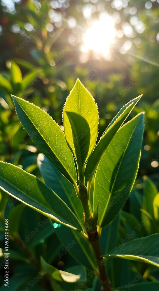 Fototapeta premium Vibrant Green Leaves Bathed in Golden Sunlight.