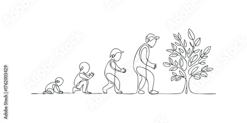Human life stages progression from infancy to adulthood beside tree
