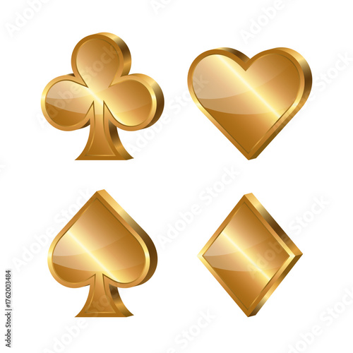 3D vector card suits in a three-quarter view. Glossy golden metallic texture