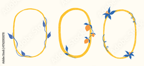 Hand drawn Italian postcard stamp set with lemons. Vintage Italy summer doodle border set. Whimsical minimal blue, yellow frames for menu, wedding, invitation. Coastal Isolated vector illustration.