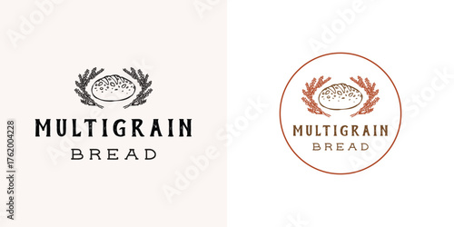 Multigrain and sprouted bread bakery product logo design element with quinoa seed wreath, classic retro illustration hand drawn style