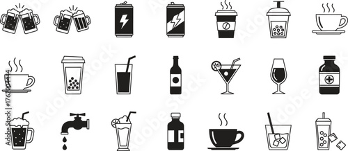 Assorted Beverage Icons Collection in Black and White Style Illustration