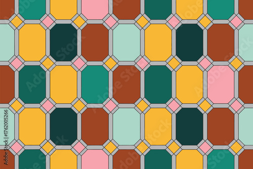 An arrangement of colorful octagons and squares forming a geometric pattern with gray outlines around shapes
