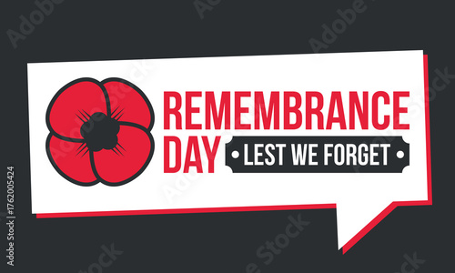 Remembrance Day. Lest we Forget. Remembrance poppy. Poppy day. Memorial day observed in Commonwealth member states to honour armed forces members who have died in the line of duty. Red poppy. Vector