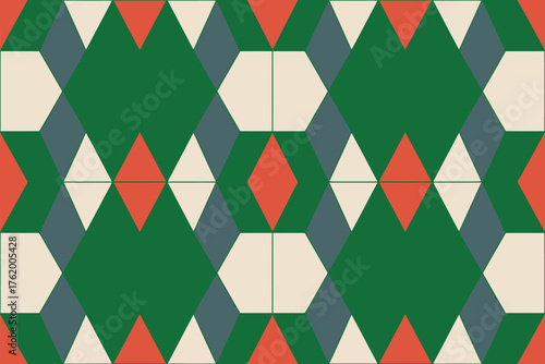 Geometric pattern featuring triangles hexagons diamonds and squares in green gray orange and beige shades