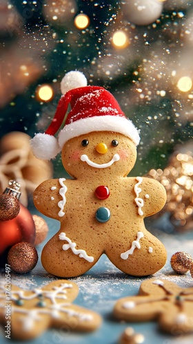 Festive gingerbread man in a Santa hat surrounded by Christmas decorations.