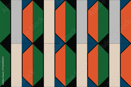 Geometric pattern featuring alternating green orange and white shapes on a black background design style