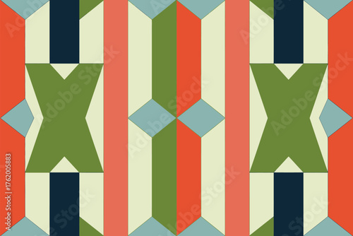 Geometric pattern with vertical stripes and x shapes in orange green blue and cream colors repeated