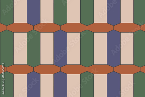 A pattern with vertical rectangles in green blue and beige connected by brown horizontal shapes