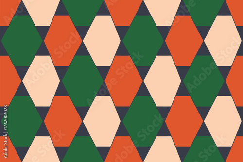 Pattern of alternating green orange and beige diamonds with dark blue triangle connectors