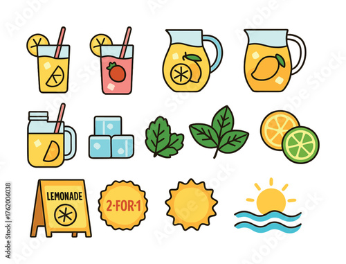Colorful lemonade and refreshing summertime icon set with citrus and sun illustrations