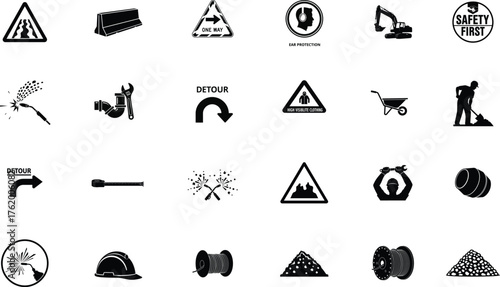 Construction icon set. Containing crane, building, excavator, maintenance, contractor, worker, architecture and more. Solid icons vector bundle