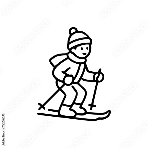 Vector illustration of young skier in winter outfit skiing downhill in simple black and white line art style