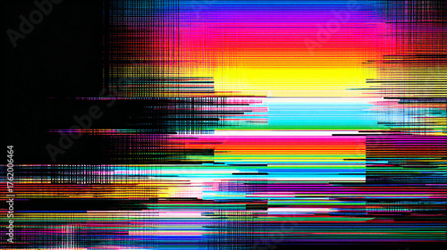 Abstract colorful lines with glitch effect and pixelated patterns on a black background