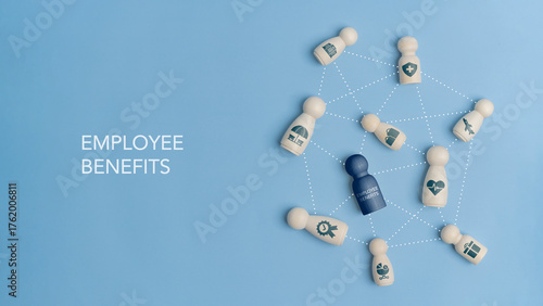 Employee welfare concept, human resource management, wellness program and corporate support system. Stick figures connected by dotted lines with employee welfare icons on blue background.